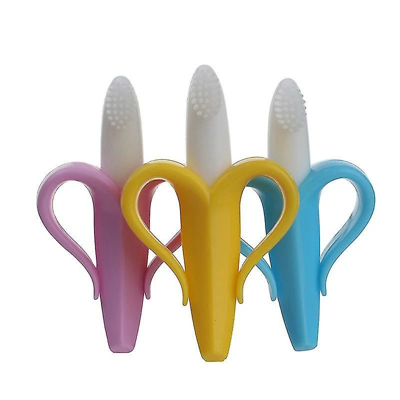 Unbranded Banana Training Teether Brush Baby Silicone Soft Bristles Toothbrush(3 Pcs, Yellow, Blue, Pink) - Image 2